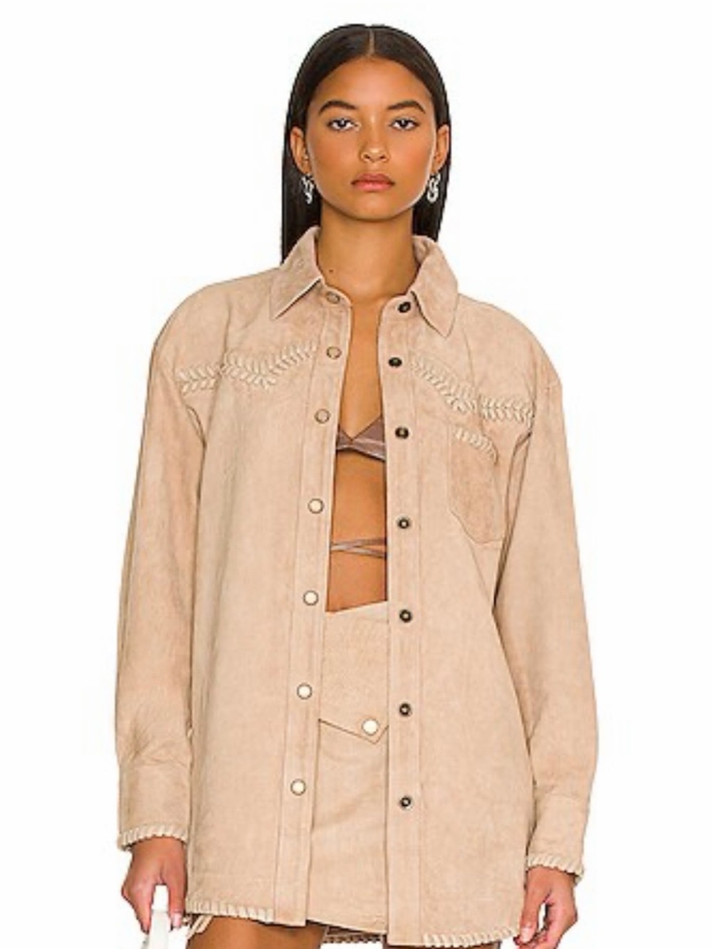 Retrofete Neutral Beige Suede Snap-Front Shirt Jacket